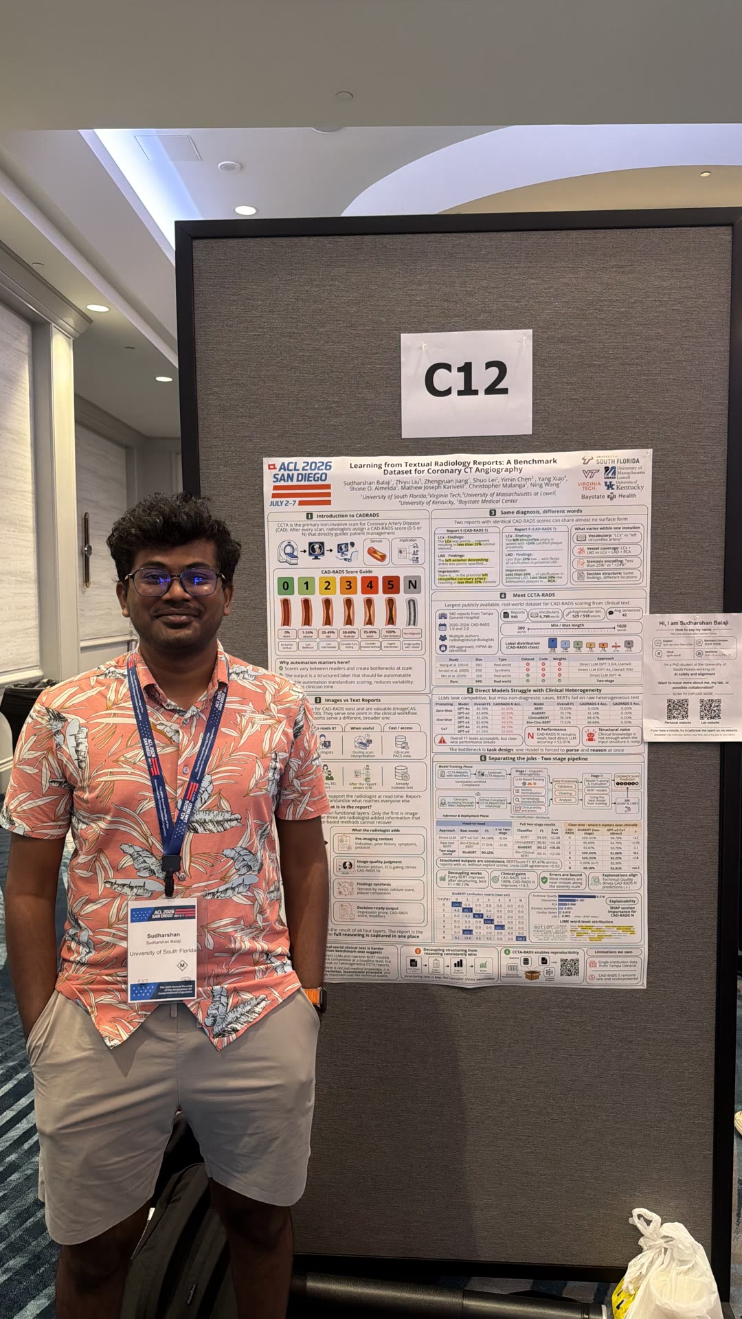Sudharshan Balaji standing beside the CCTA-RADS research poster at ACL 2026 in San Diego